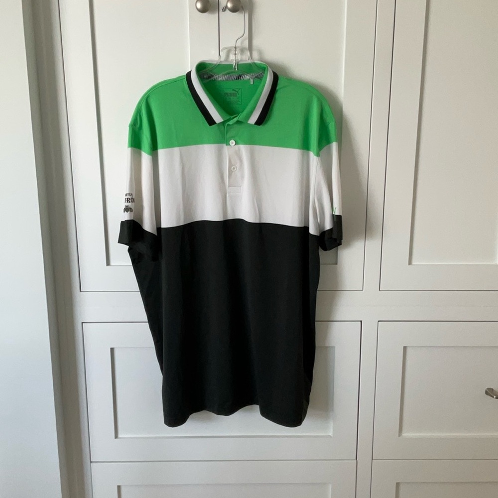 Puma Tequila Patron Green, White and Black Polo Shirt with Striped Collar